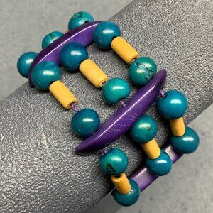 Wooden Beaded Bracelet Adjustable Cord Natural Teal Purple Spacer Bars Pink